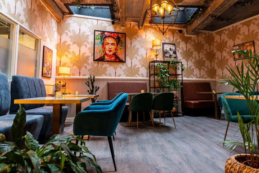 Back room with palm wallpaper, teal velvet chairs and artwork